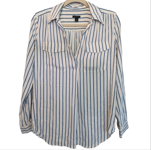 Ann Taylor Blue White Striped V-Neck Oversized Flirty Blouse Top Size S - Picture 2 of 10